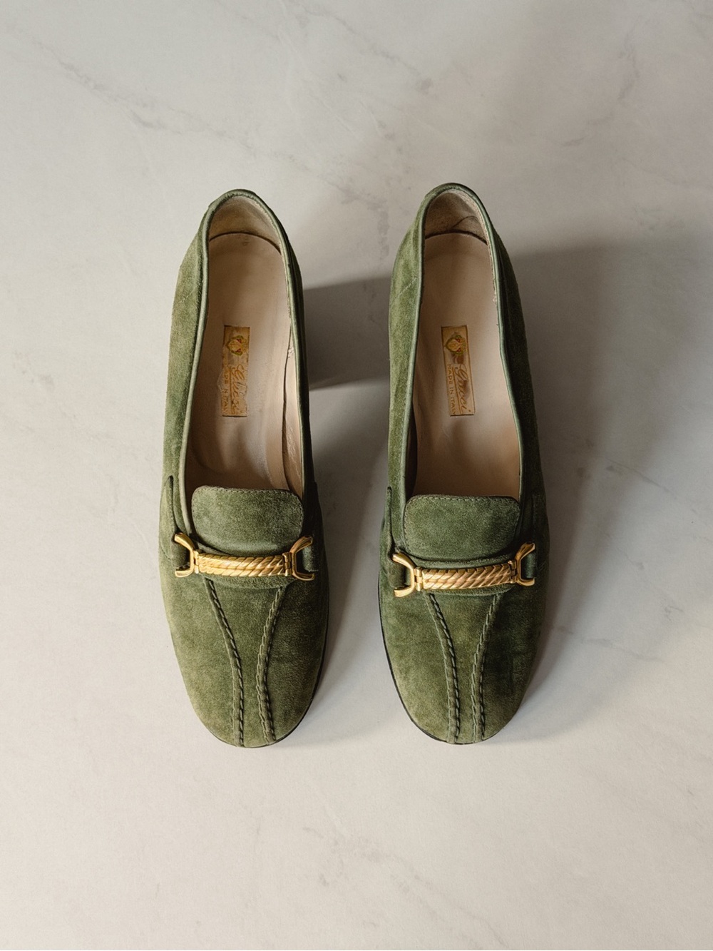 Vintage Gucci Green Suede Horsebit Block Heel Loafers - Picture 2 of 12